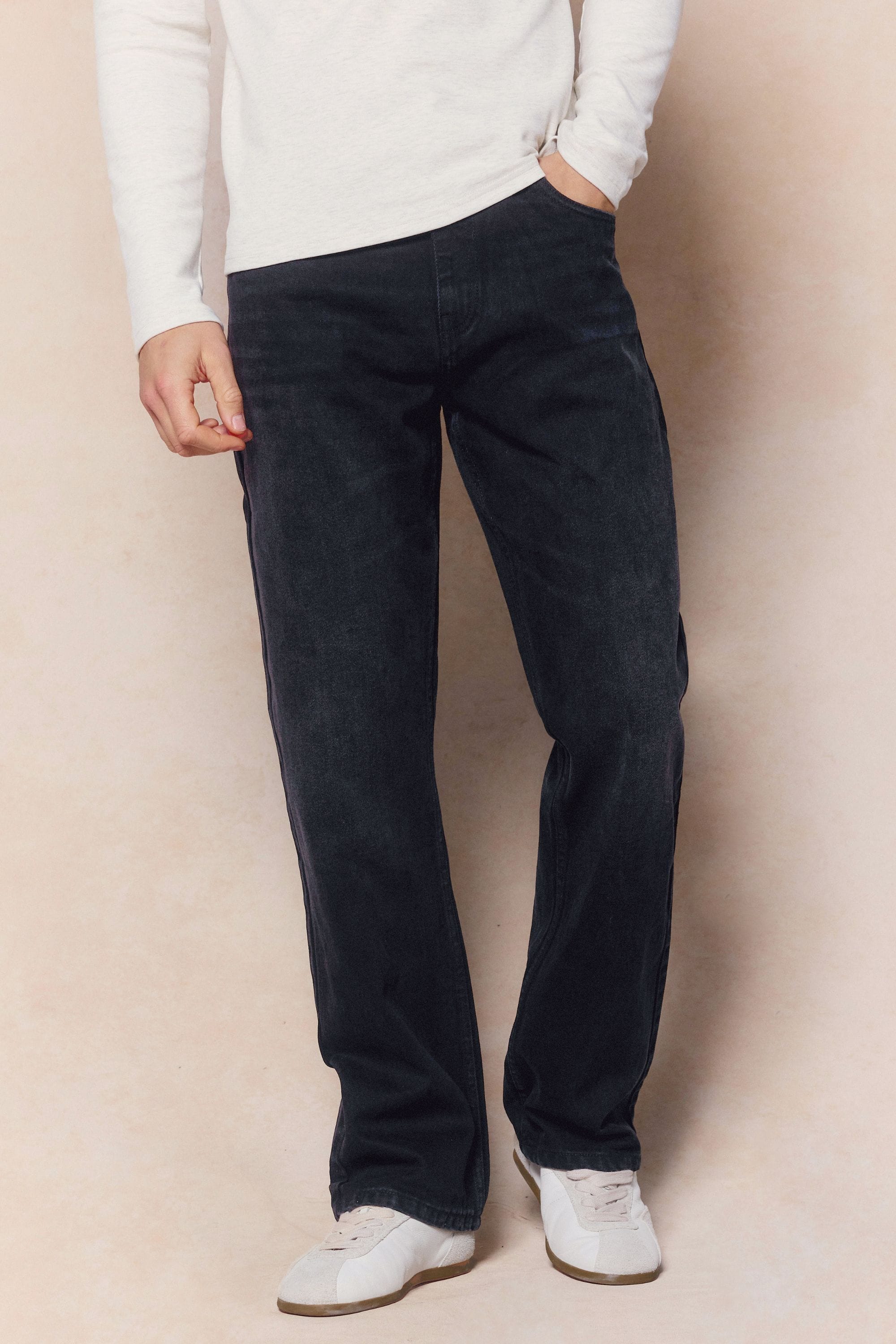 Mason Relaxed Fit Jeans in black wash 14oz cotton denim, featuring a straight leg and branded hardware.