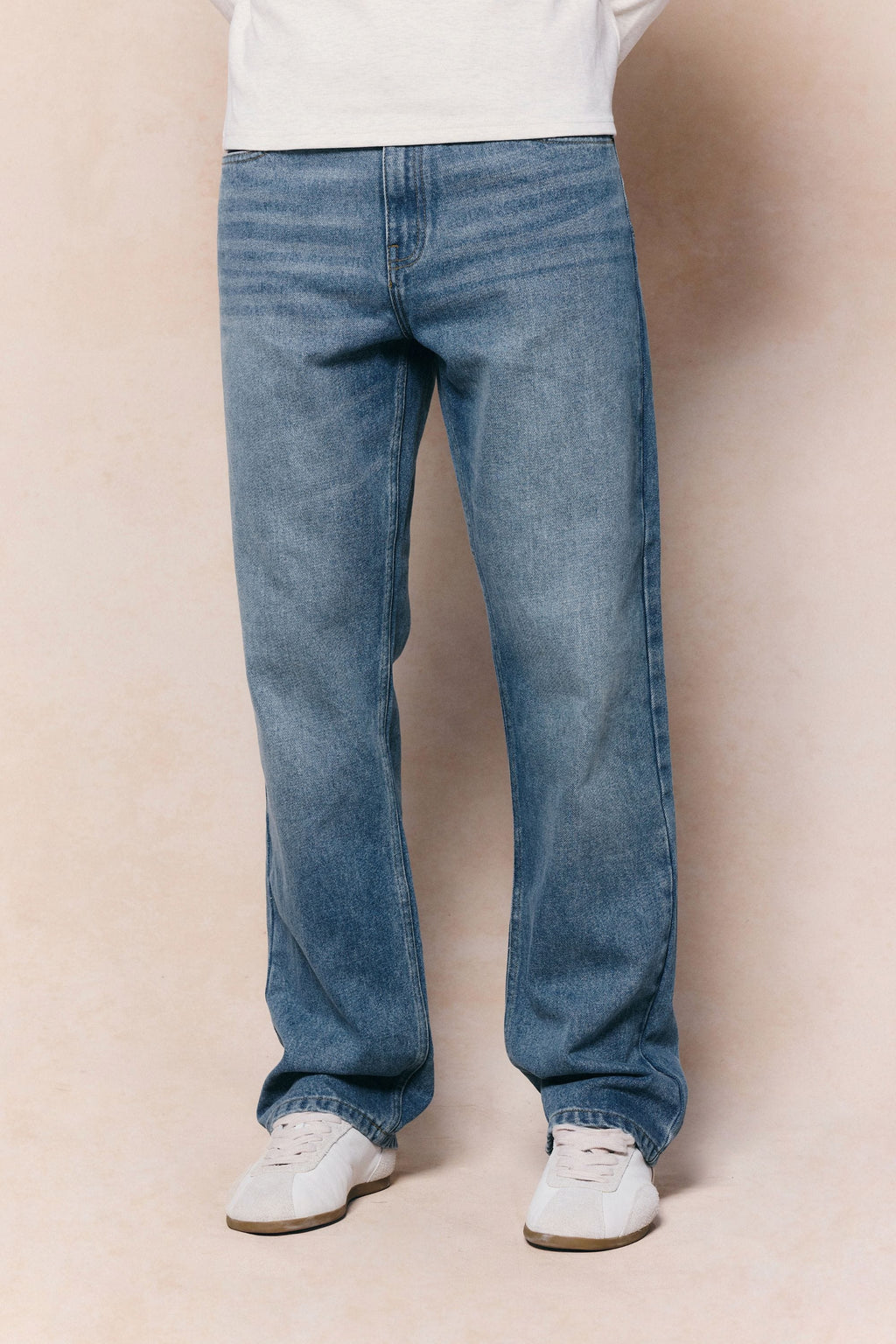 Mason Relaxed Fit Jeans in midwash indigo 14oz cotton denim, featuring a straight leg and branded hardware.