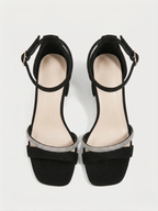 Orizelle | Diamanté Strap Block Heel Sandals — Black Suede