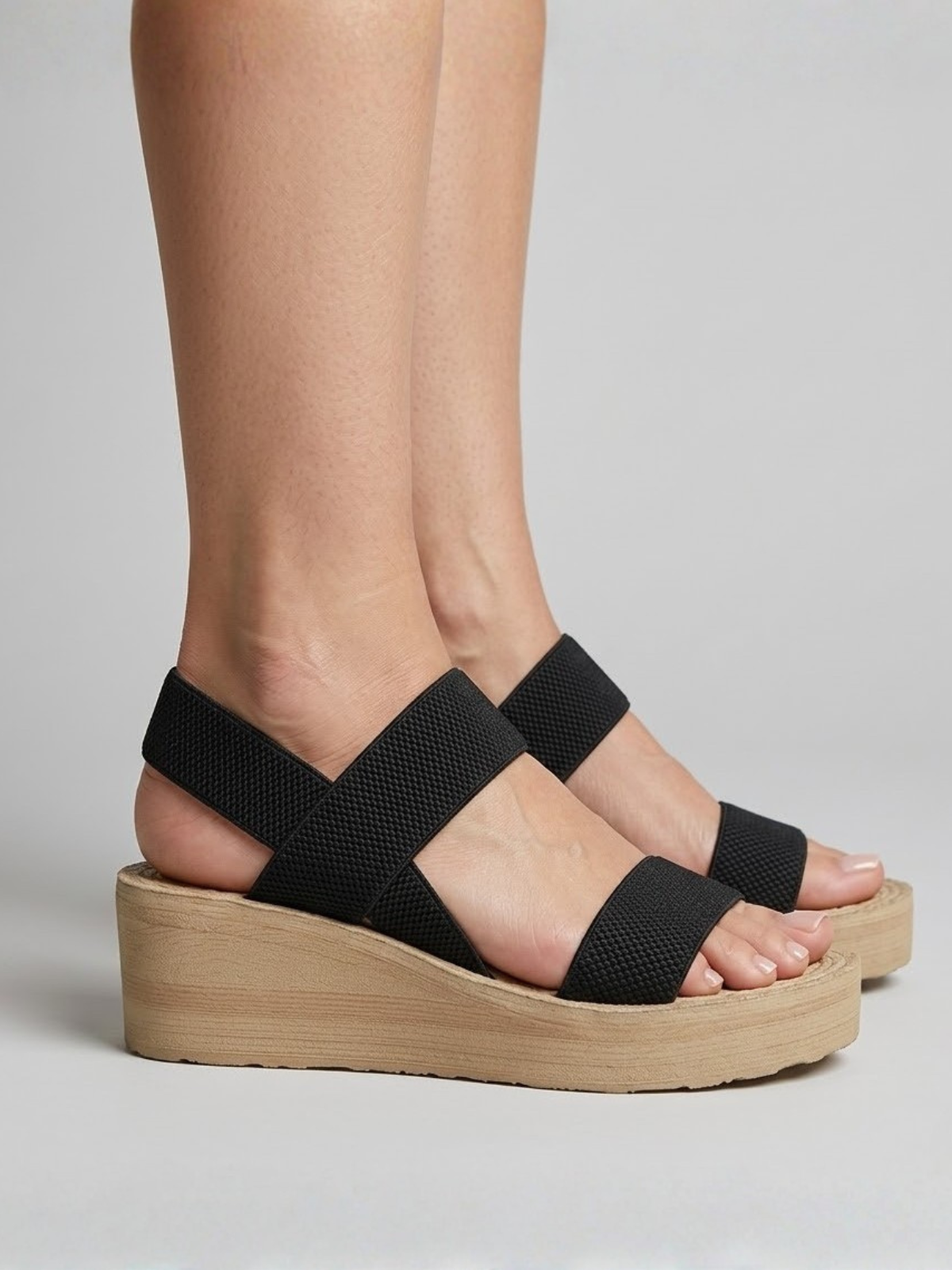Orizelle | Elastic Strap Platform Wedge Sandals — Black