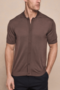 Brown Pedro knitted short sleeve shirt with full button-through front, ribbed sleeves, and hem.
