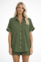 Phoebe | Women Short Sleeve Button Down Oversized Shirt with Chest Pocket
