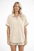 Phoebe | Women Short Sleeve Button Down Oversized Shirt with Chest Pocket