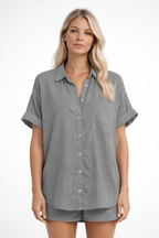 Phoebe | Women Short Sleeve Button Down Oversized Shirt with Chest Pocket