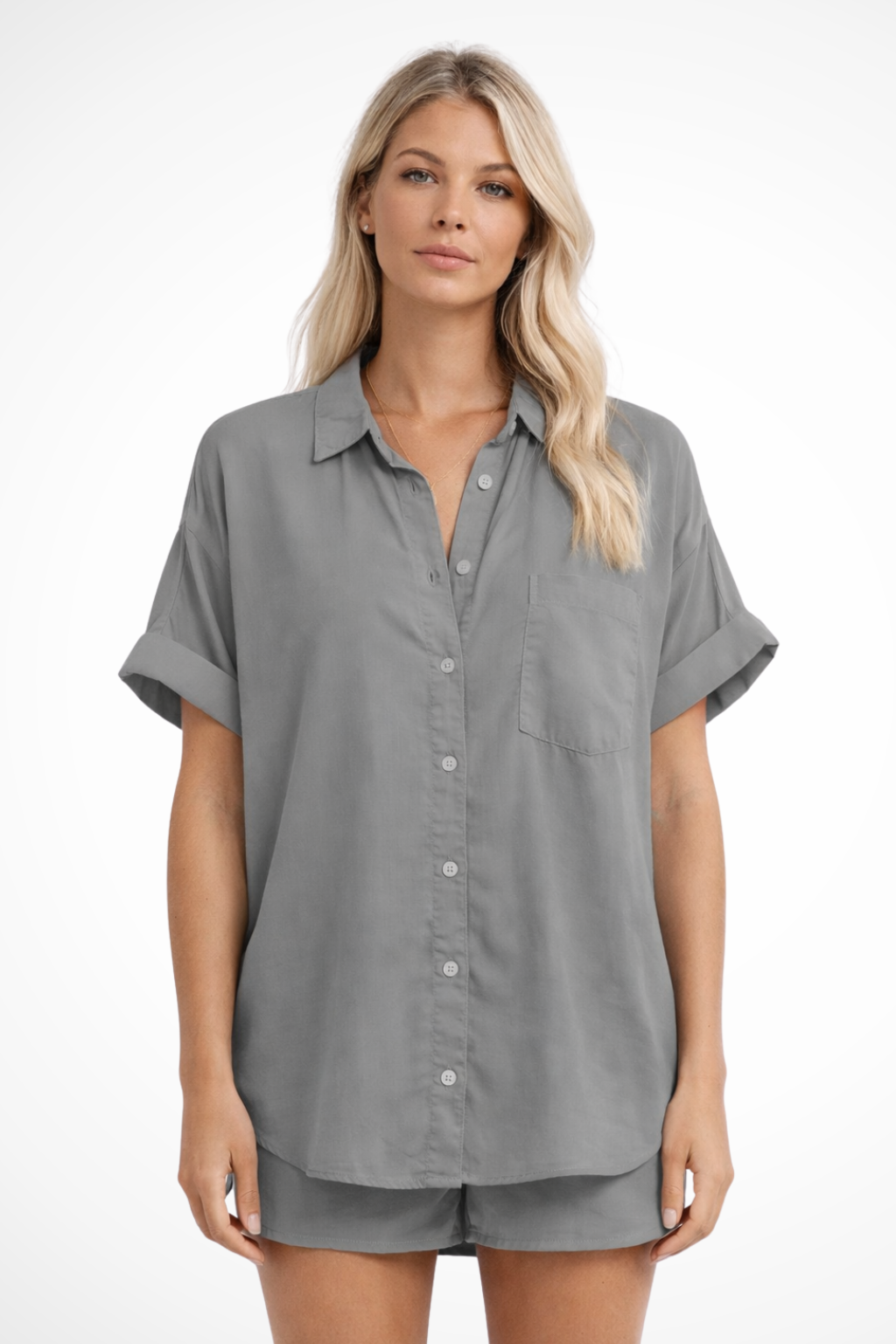 Phoebe | Women Short Sleeve Button Down Oversized Shirt with Chest Pocket