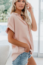 Phoebe | Women Short Sleeve Button Down Oversized Shirt with Chest Pocket