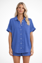 Phoebe | Women Short Sleeve Button Down Oversized Shirt with Chest Pocket