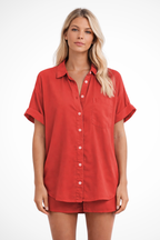 Phoebe | Women Short Sleeve Button Down Oversized Shirt with Chest Pocket