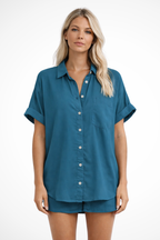 Phoebe | Women Short Sleeve Button Down Oversized Shirt with Chest Pocket
