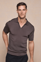 Man in a brown Privida Open Collar Polo, featuring a refined sheen and modern silhouette.