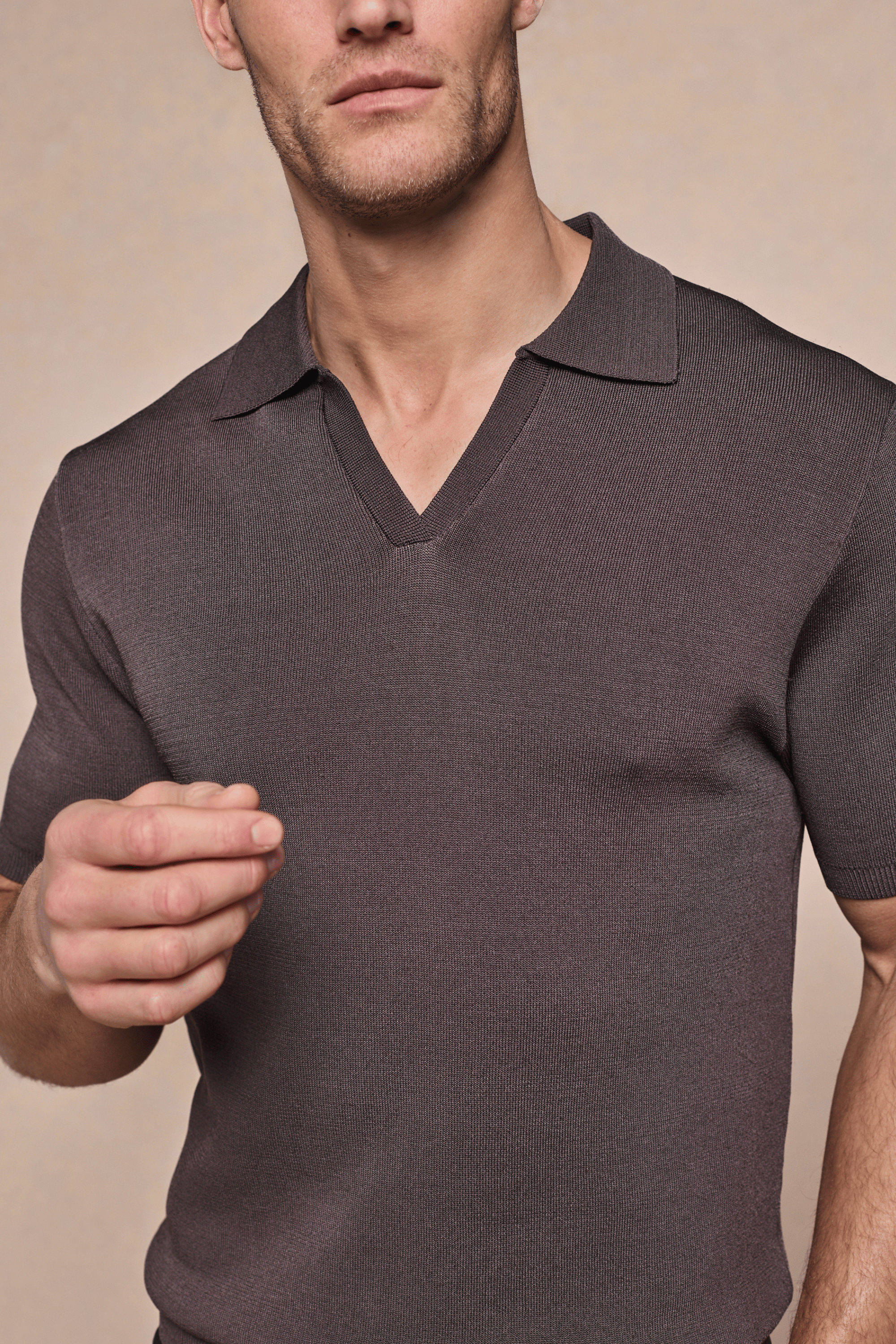 Man wearing a brown Privida Open Collar Polo, showcasing its premium mid-weight fabric and modern open collar.