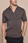 Men's Privida Open Collar Polo in brown, featuring a subtle sheen and structured mid-weight fabric.
