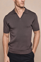 Men's Privida Open Collar Polo in brown, featuring a subtle sheen and structured mid-weight fabric.