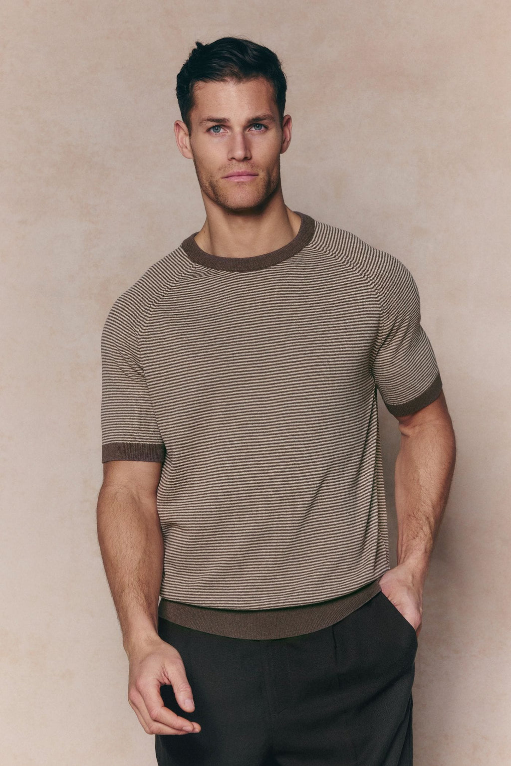 Man wearing a brown and beige striped linen blend crew neck t-shirt with dark trim.