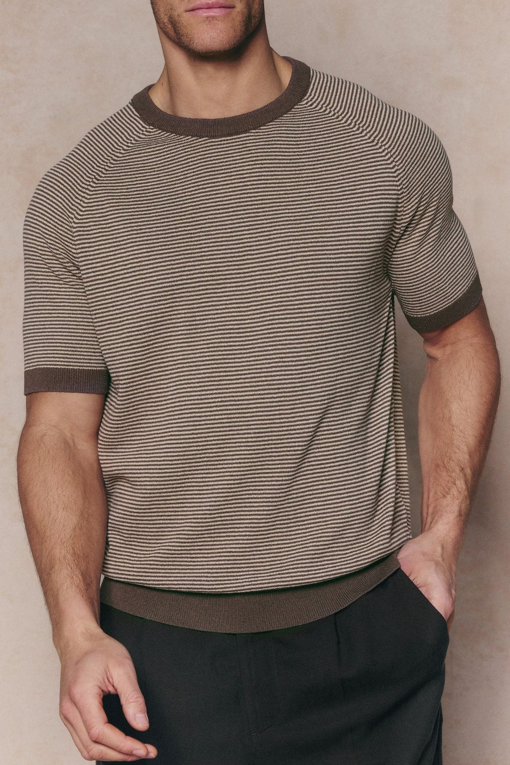 Rafael Linen Striped Crew Neck T-Shirt in brown/beige with contrast trims, worn by a man.