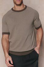 Rafael Linen Striped Crew Neck T-Shirt in brown/beige with contrast trims, worn by a man.