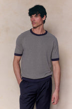 Men's Rafael Linen Striped Crew Neck T-Shirt in navy/beige with contrast trim, paired with navy trousers.