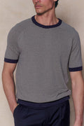 Men's Rafael linen striped crew neck t-shirt in navy/beige with contrast trims.