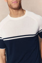 Men's Riera Colour Block Knit Crew Neck T-Shirt in navy and ecru, with a subtle sheen and ribbed trims.