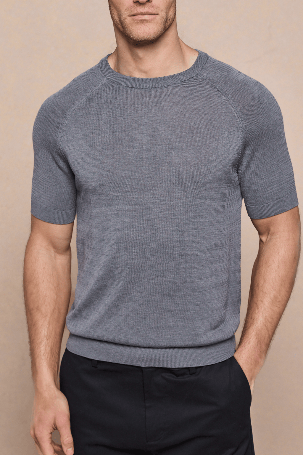 Grey marl Riera knit crew neck t-shirt with ribbed trim, tailored short sleeves, and subtle sheen.