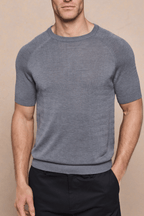 Grey marl Riera knit crew neck t-shirt with ribbed trim, tailored short sleeves, and subtle sheen.