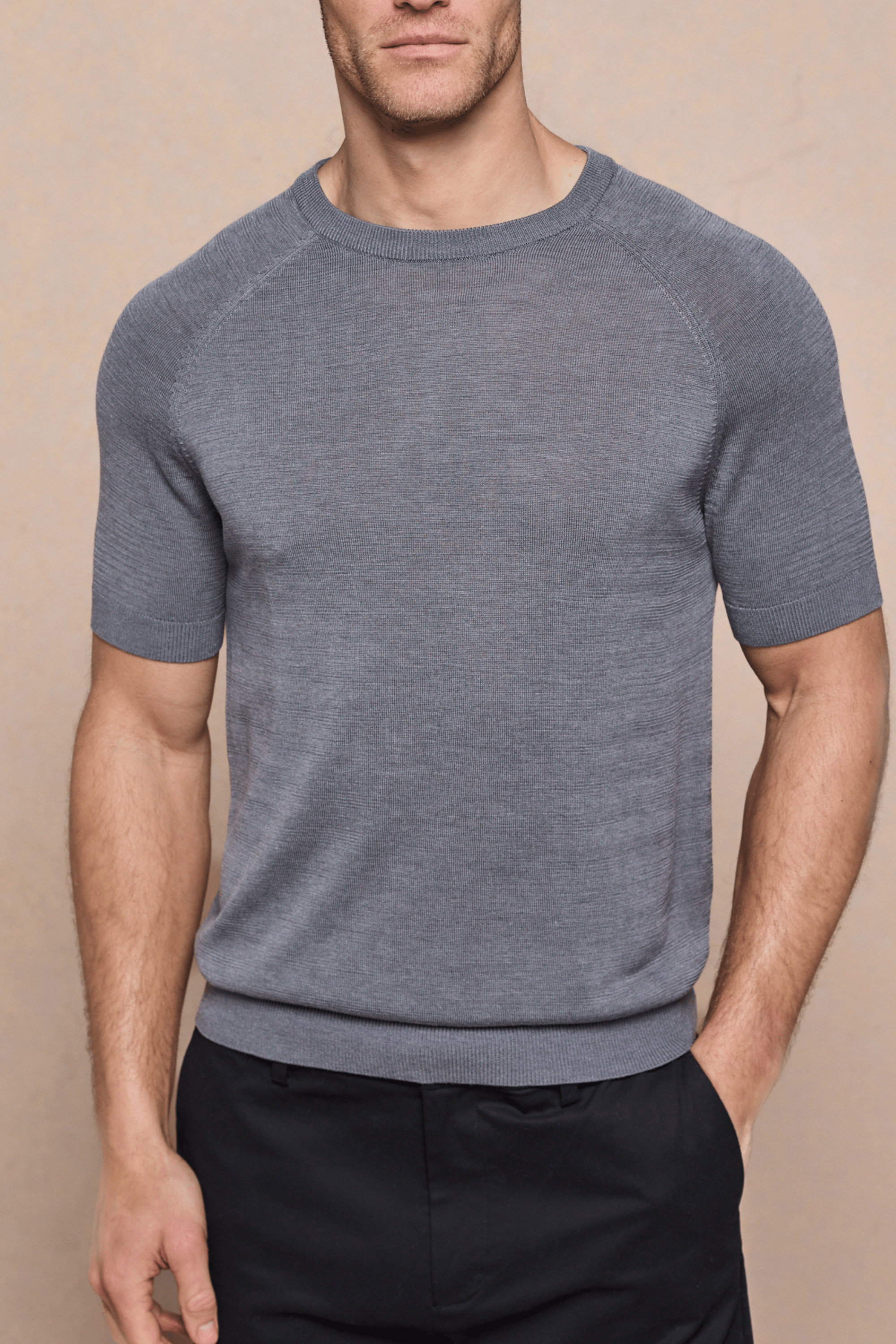 Grey marl Riera knit crew neck t-shirt with ribbed trim, tailored short sleeves, and subtle sheen.