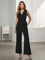 Rovena | Women Sleeveless Vest and Wide Leg Buttoned Trousers Set