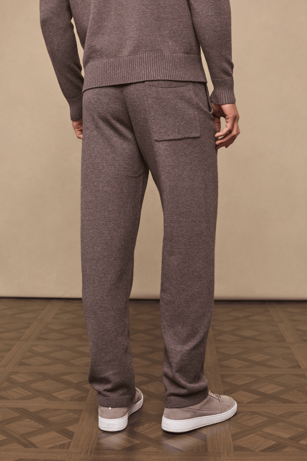 Rowan Knitted Trouser in Brown Marl, ultra-soft yarn, with back pocket and adjustable drawcords.