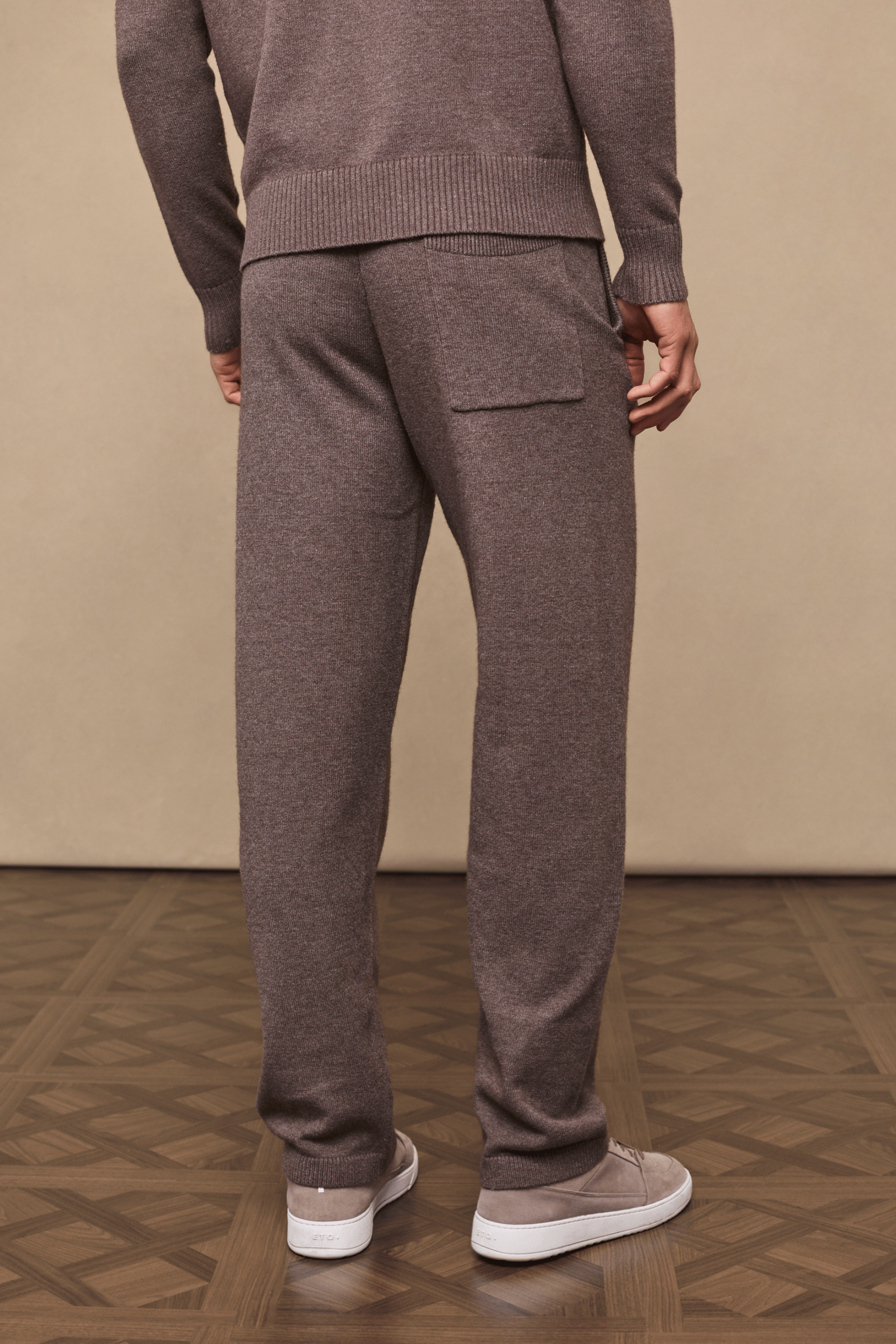 Rowan Knitted Trouser in Brown Marl, ultra-soft yarn, with back pocket and adjustable drawcords.