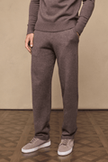 Men's Rowan Knitted Trouser in Brown Marl, featuring soft knit fabric, side pockets, and relaxed fit.