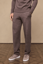 Men's Rowan Knitted Trouser in Brown Marl, featuring soft knit fabric, side pockets, and relaxed fit.