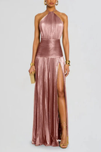 Saffron | Women Halter Neck Pleated Satin Wedding Guest Maxi Dress