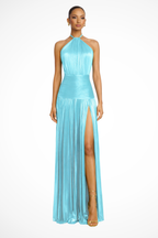 Saffron | Women Halter Neck Pleated Satin Wedding Guest Maxi Dress