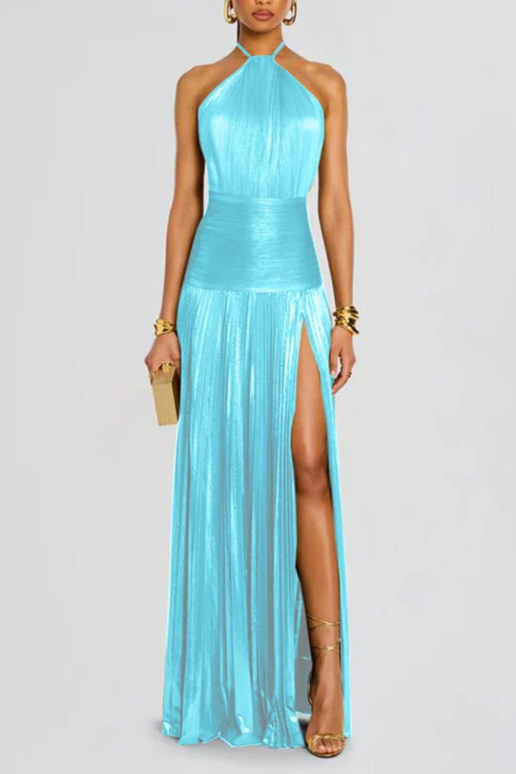 Saffron | Women Halter Neck Pleated Satin Wedding Guest Maxi Dress