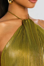 Saffron | Women Halter Neck Pleated Satin Wedding Guest Maxi Dress