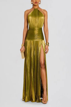 Saffron | Women Halter Neck Pleated Satin Wedding Guest Maxi Dress