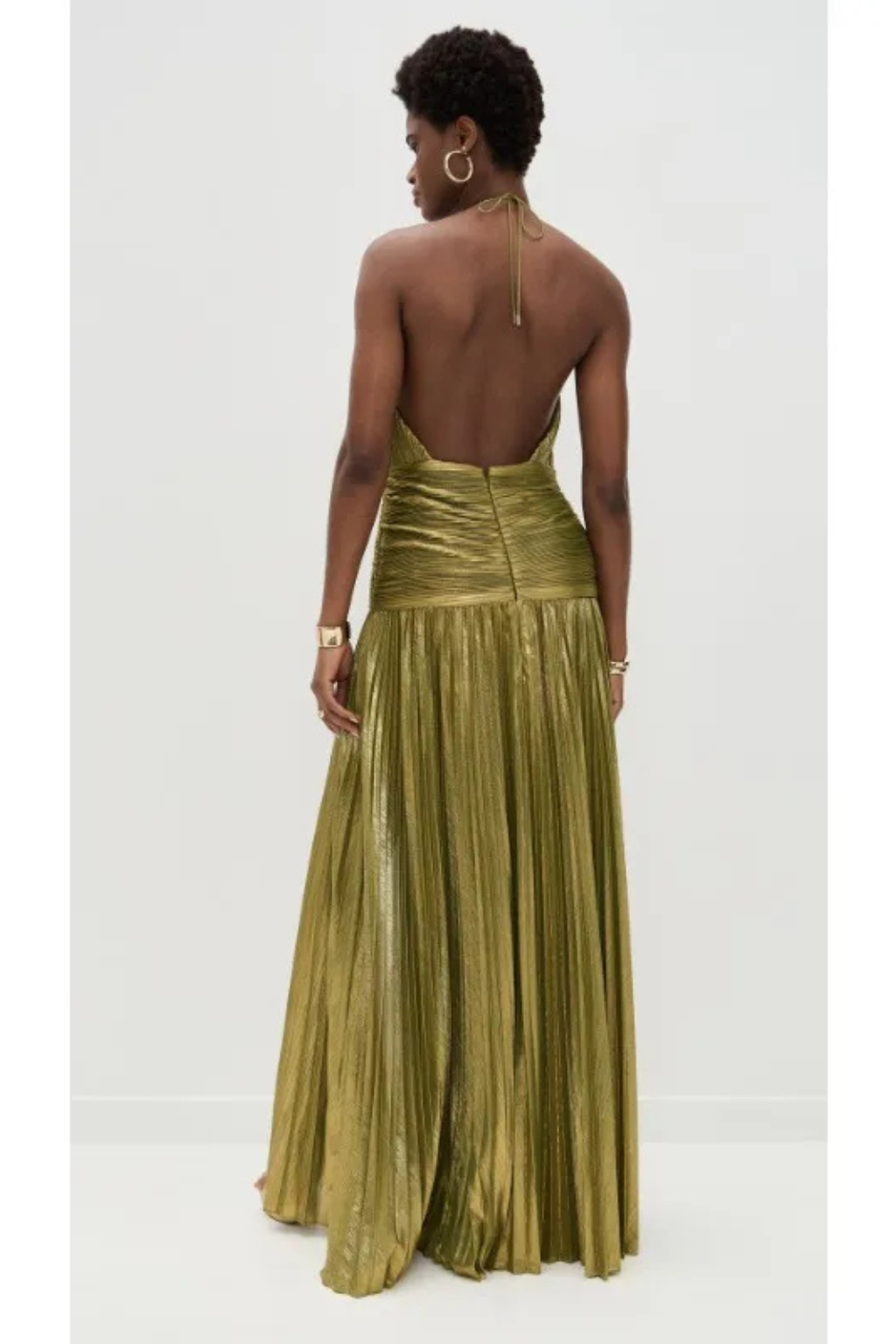 Saffron | Women Halter Neck Pleated Satin Wedding Guest Maxi Dress