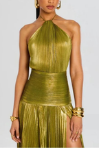 Saffron | Women Halter Neck Pleated Satin Wedding Guest Maxi Dress