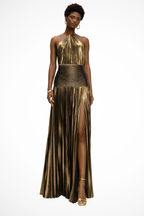 Saffron | Women Halter Neck Pleated Satin Wedding Guest Maxi Dress