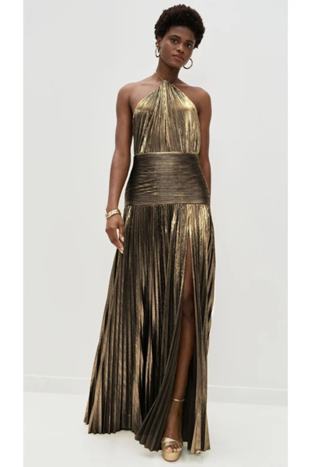 Saffron | Women Halter Neck Pleated Satin Wedding Guest Maxi Dress