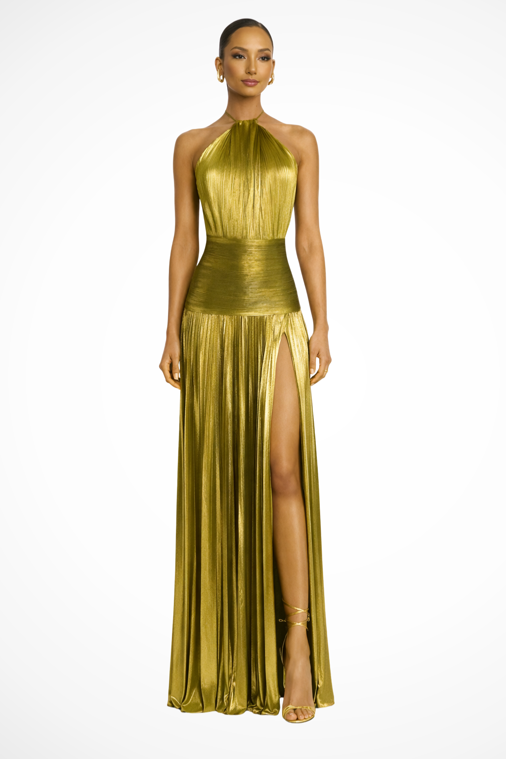 Saffron | Women Halter Neck Pleated Satin Wedding Guest Maxi Dress