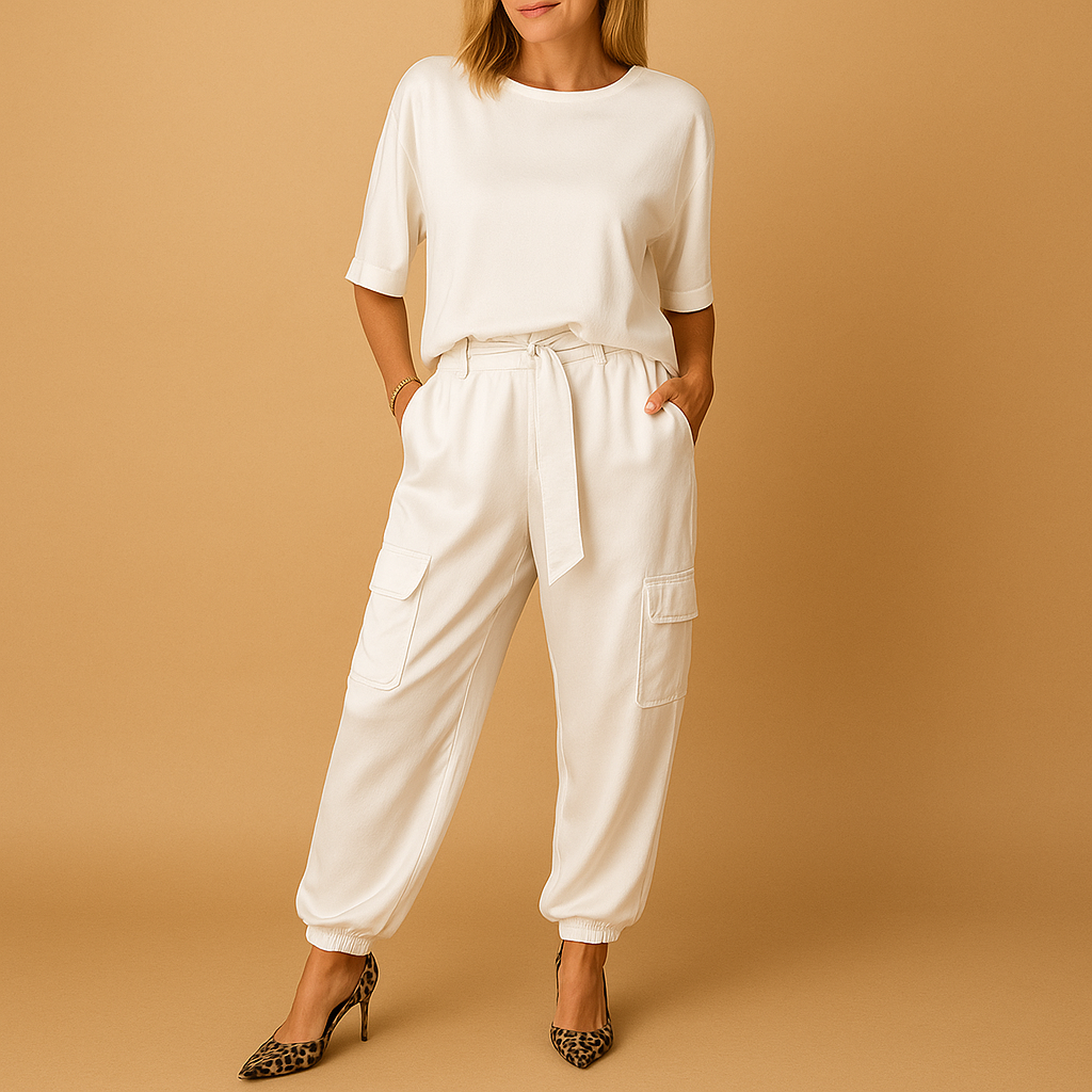 Satin top and straight-leg trouser set for women | Amira
