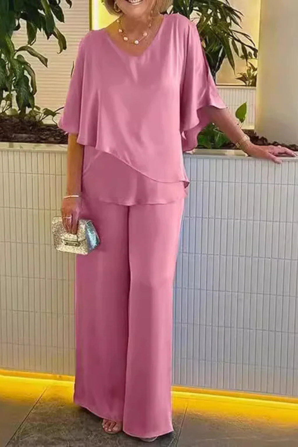 Serena | Women V Neck Batwing Sleeve Top and Wide Leg Trousers Two Piece Set