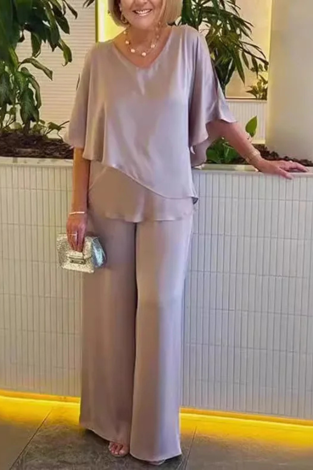 Serena | Women V Neck Batwing Sleeve Top and Wide Leg Trousers Two Piece Set