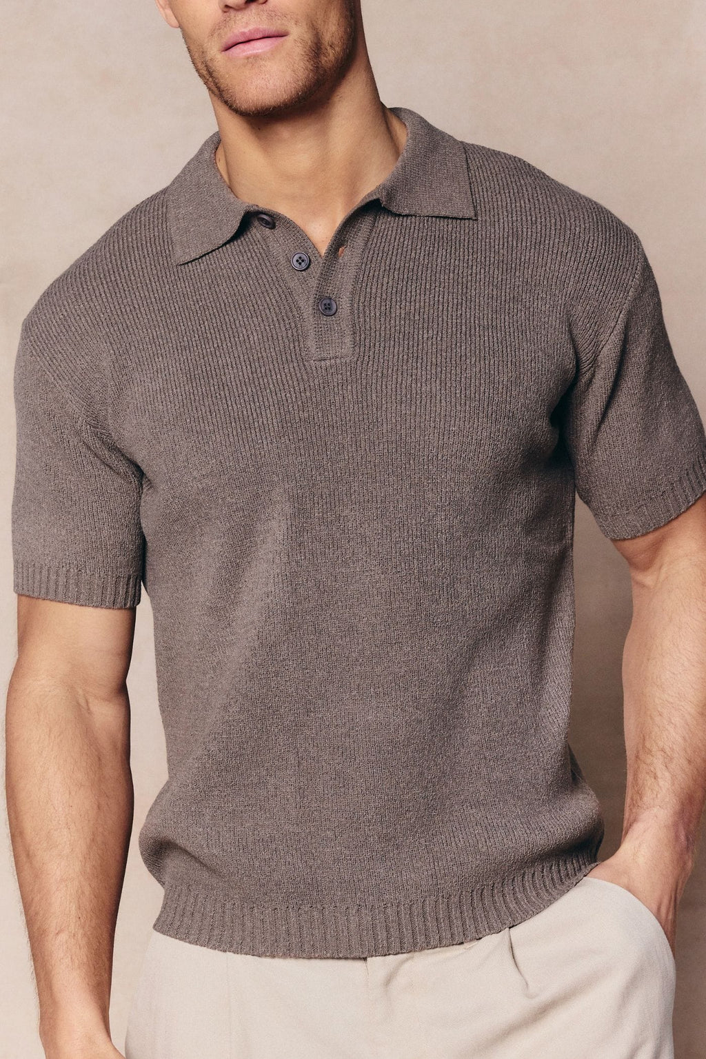 Men's Sorelle Short Sleeve Rib Knit Polo in Dark Sage, featuring a classic collar and button placket.