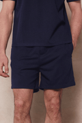Navy Tomas elasticated waist shorts with drawcords, relaxed fit, and crinkled texture fabric.