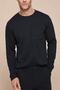 Men's black long sleeve crew neck t-shirt with a chest pocket, made from heavyweight cotton-rich fabric.