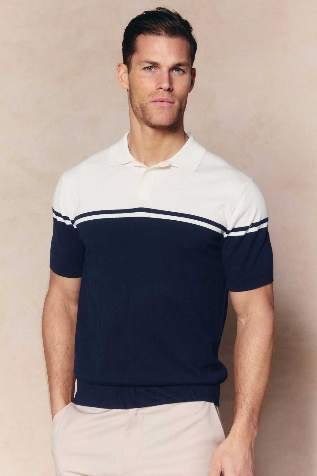 Vicolo Knitted Striped Block Polo SS - Ecru/Navy