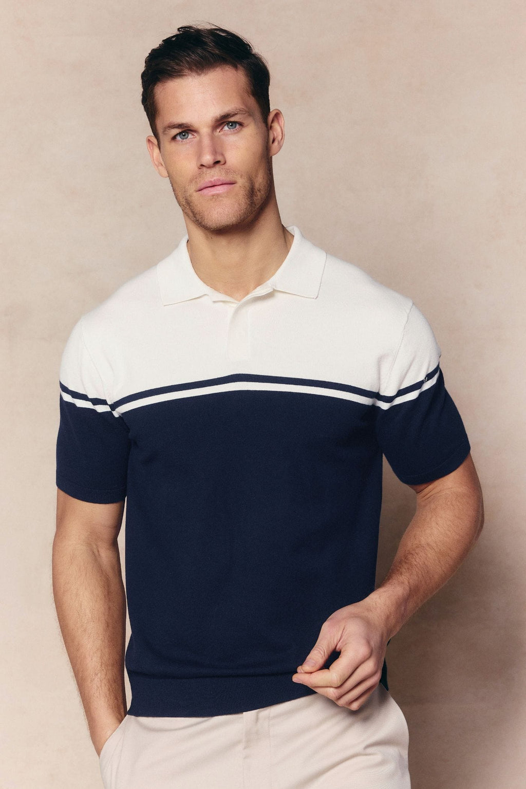 Vicolo Knitted Striped Block Polo SS - Ecru/Navy