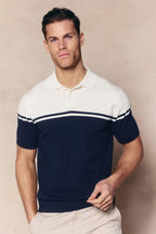 Vicolo Knitted Striped Block Polo SS - Ecru/Navy